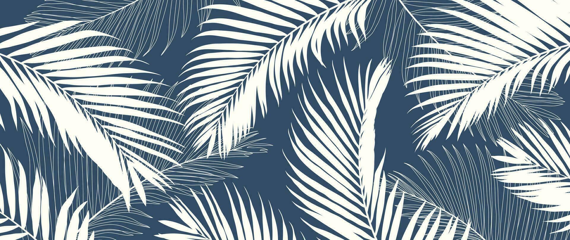 tropical folhas fundo vetor. natural selva Palma folhas Projeto dentro mínimo pálido azul cor com contorno linha arte estilo. Projeto para tecido, imprimir, cobrir, bandeira, decoração, papel de parede. vetor