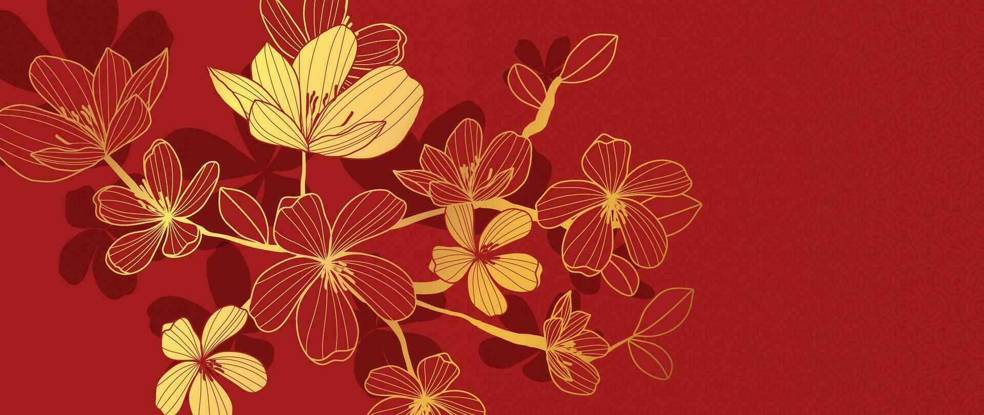 elegante chinês oriental padronizar fundo vetor. elegante cereja Flor flor dourado linha arte em vermelho fundo. Projeto ilustração para feliz Novo ano, papel de parede, bandeira, cartão. vetor