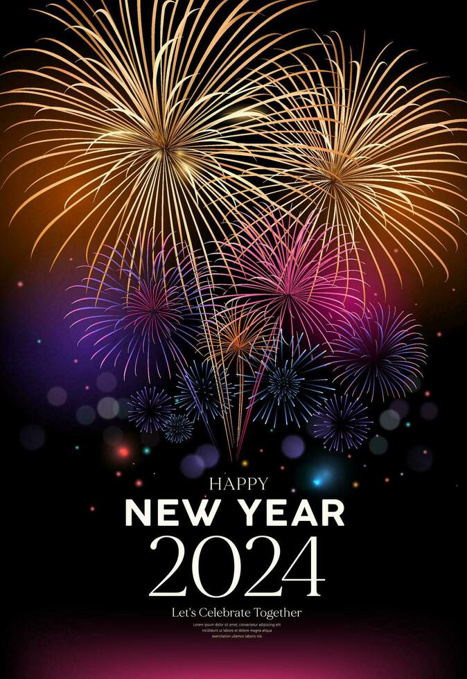 fogos de artifício colorida, feliz Novo ano 2024 poster folheto Projeto em noite fundo, eps10 vetor ilustração