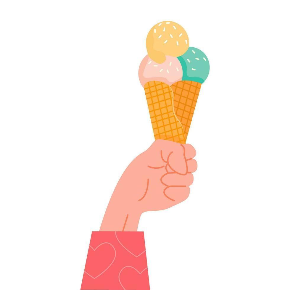 uma waffle cone com vários fruta gelo creme colheres. verde, amarelo e Rosa sorvete ou sorvete. vetor ilustração dentro plano desenho animado estilo isolado em branco.