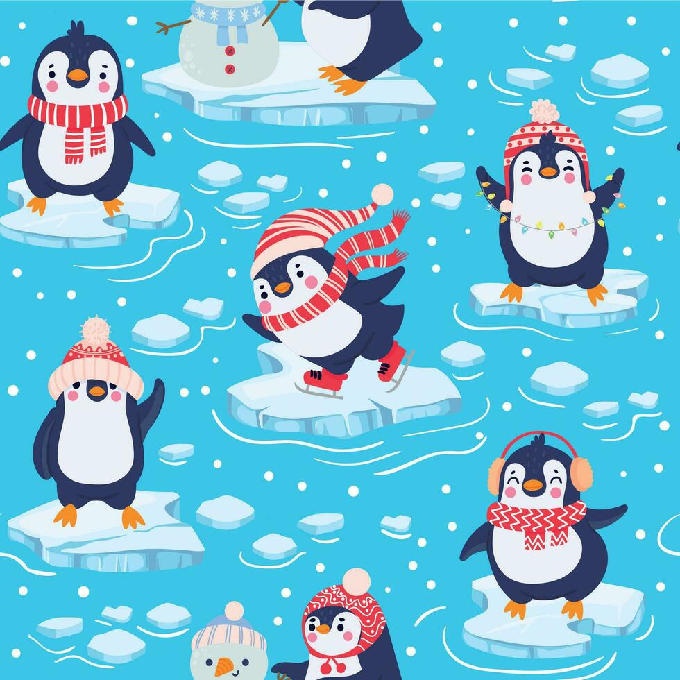 pinguins desatado padronizar. fofa bebê pinguins dentro inverno roupas e chapéus, Natal ártico animal, crianças têxtil ou papel de parede vetor textura