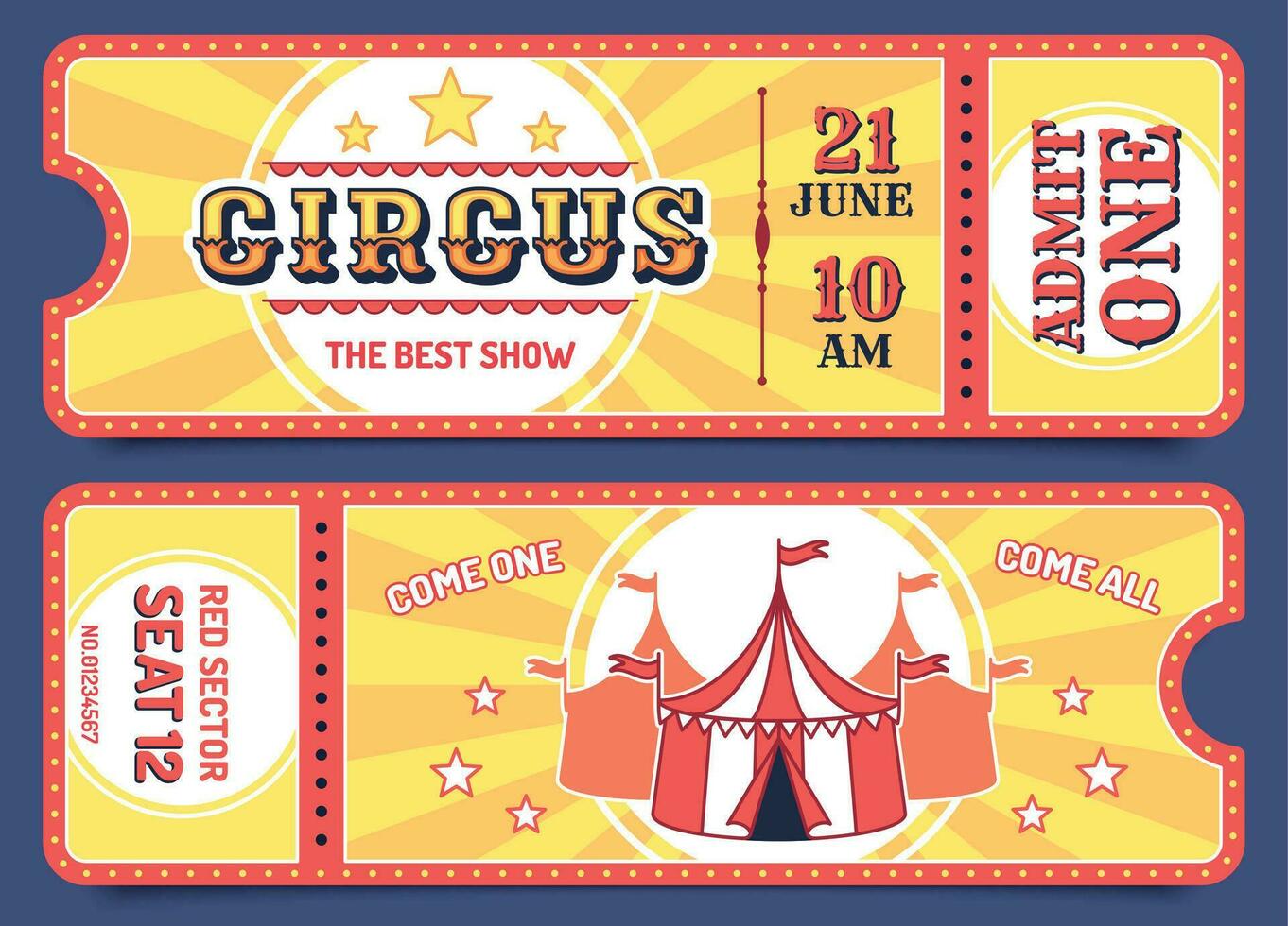 circo bilhetes. Entrada bilhete modelos com amostra texto, convite cupom para atrações, carnaval eventos, Magia mostrar retro vetor conjunto