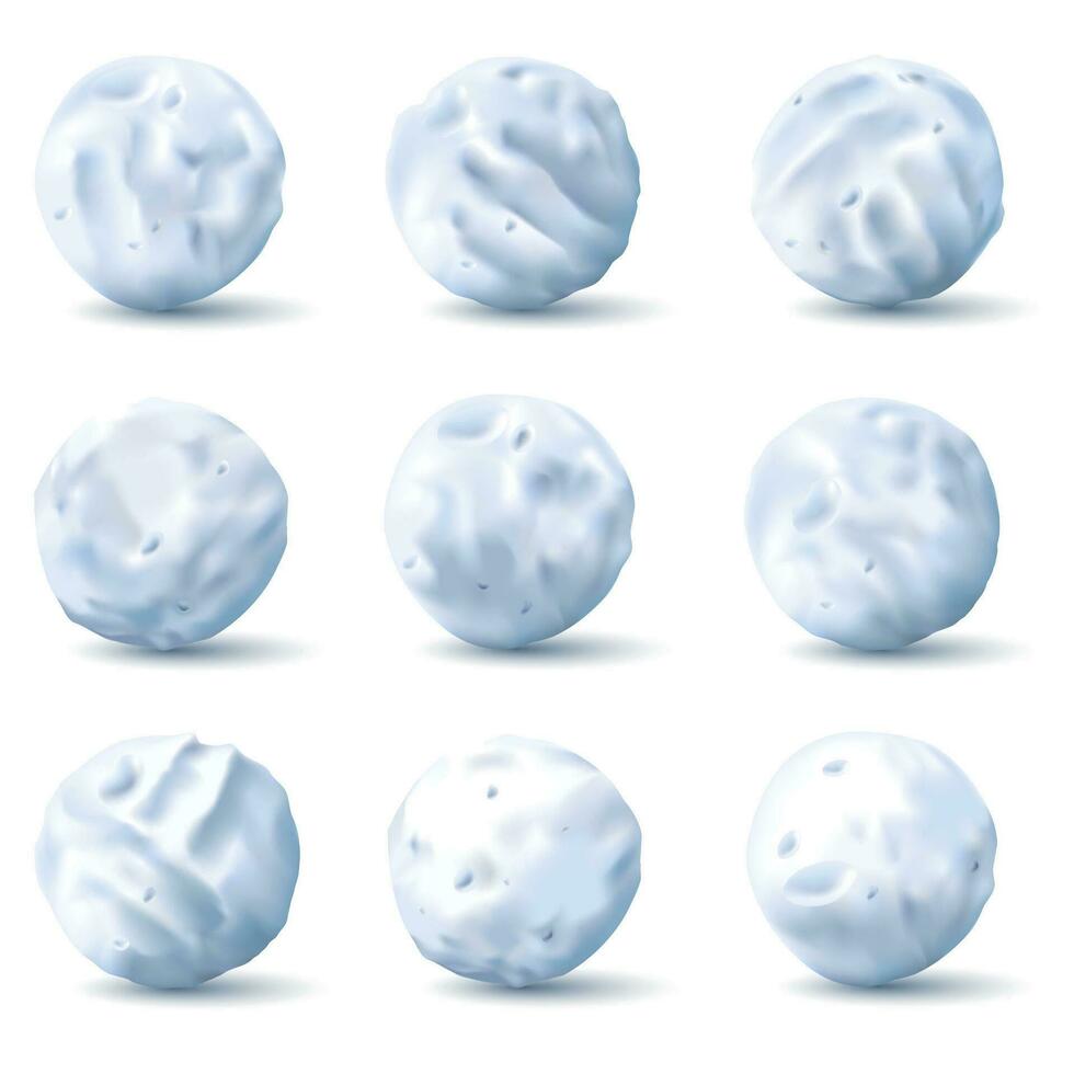 bolas de neve. volta neve e gelo peças, realista branco bola de neve 3d vetor isolado conjunto para crianças inverno lazer jogos