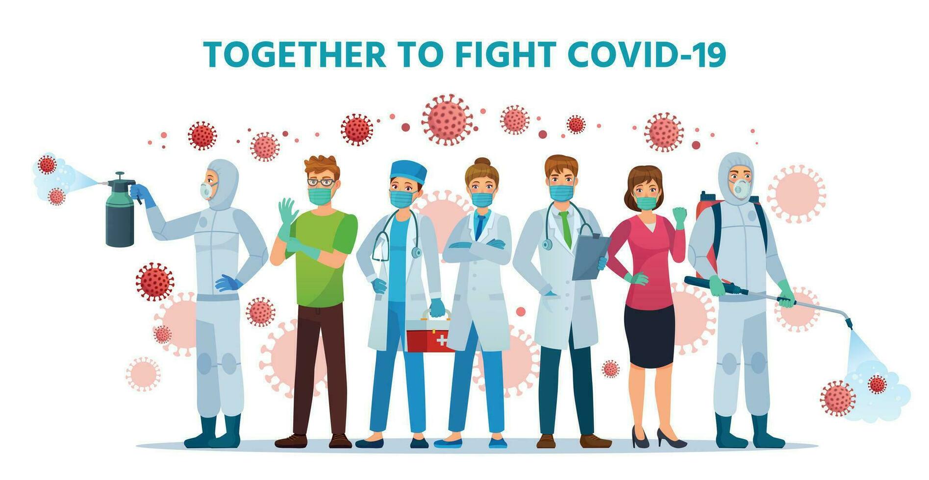 juntos para luta COVID-19. cuidados de saúde colaboração, lutas coronavírus. médicos, enfermeiras e pessoas vestindo segurança face mascarar e usar desinfetante spray vetor ilustração