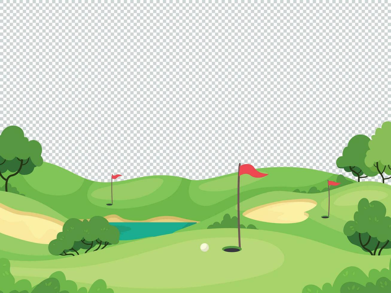 golfe fundo. verde golfe curso com orifício e vermelho bandeiras para convite cartão, poster e bandeira, caridade jogar torneio vetor modelo