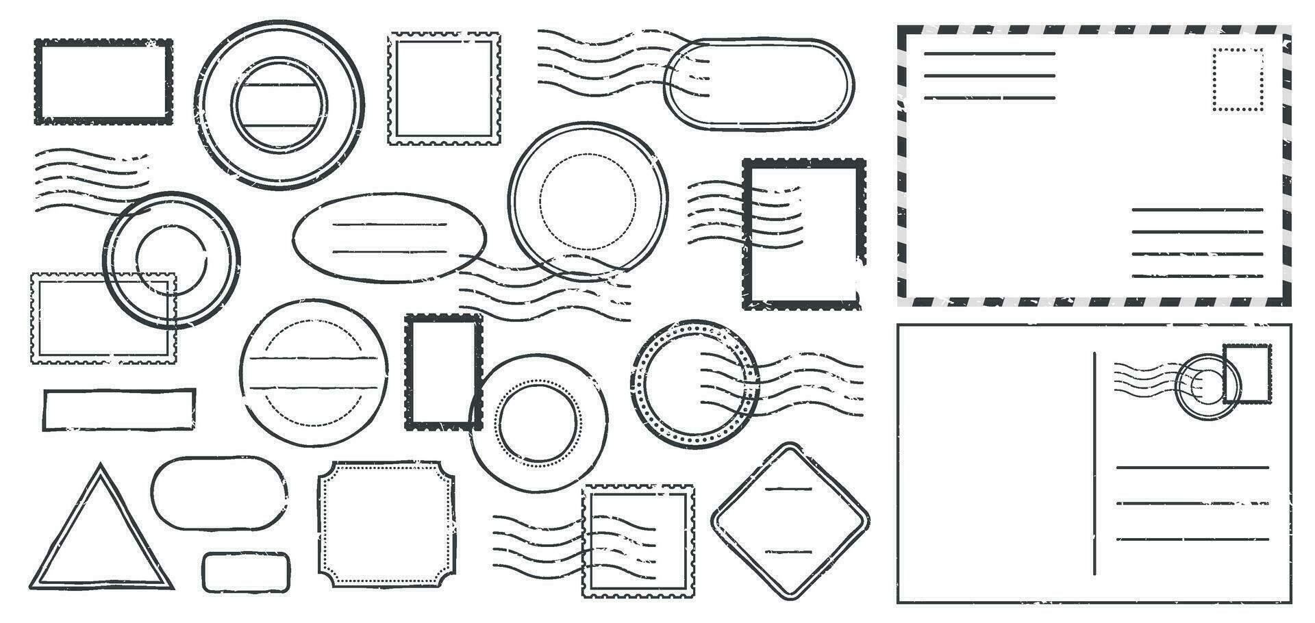 postal carta com carimbo postal selos, Preto postagem do vários forma Como círculo, quadrado, losango isolado em branco vetor