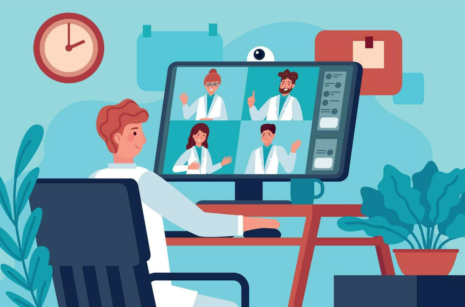 médico vídeo conferência. médico dentro vídeo bate-papo com colegas de trabalho conectados consultando diagnóstico cobiçado 19. virtual médico experts vetor conceito