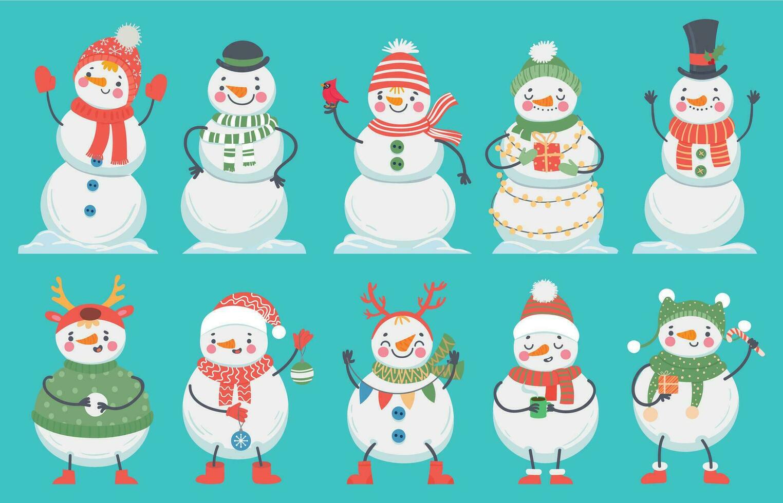 boneco de neve. fofa Natal bonecos de neve dentro inverno roupas, chapéus e lenço. feliz natal vetor desenho animado personagens com presente caixas