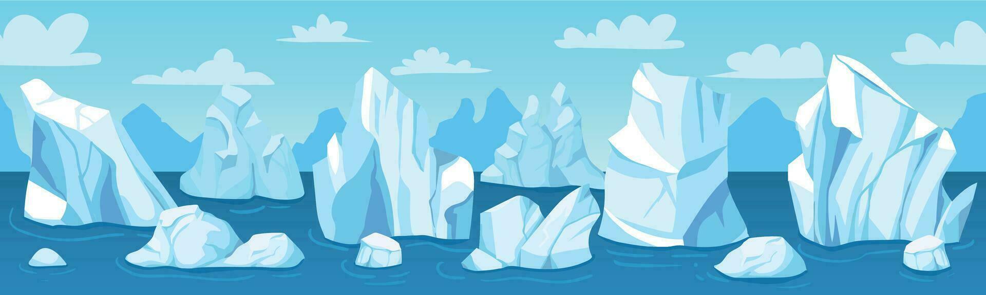 desatado ártico panorama. icebergs, neve montanhas e colinas antártico à deriva geleira, inverno panorama, papel de parede vetor ilustração
