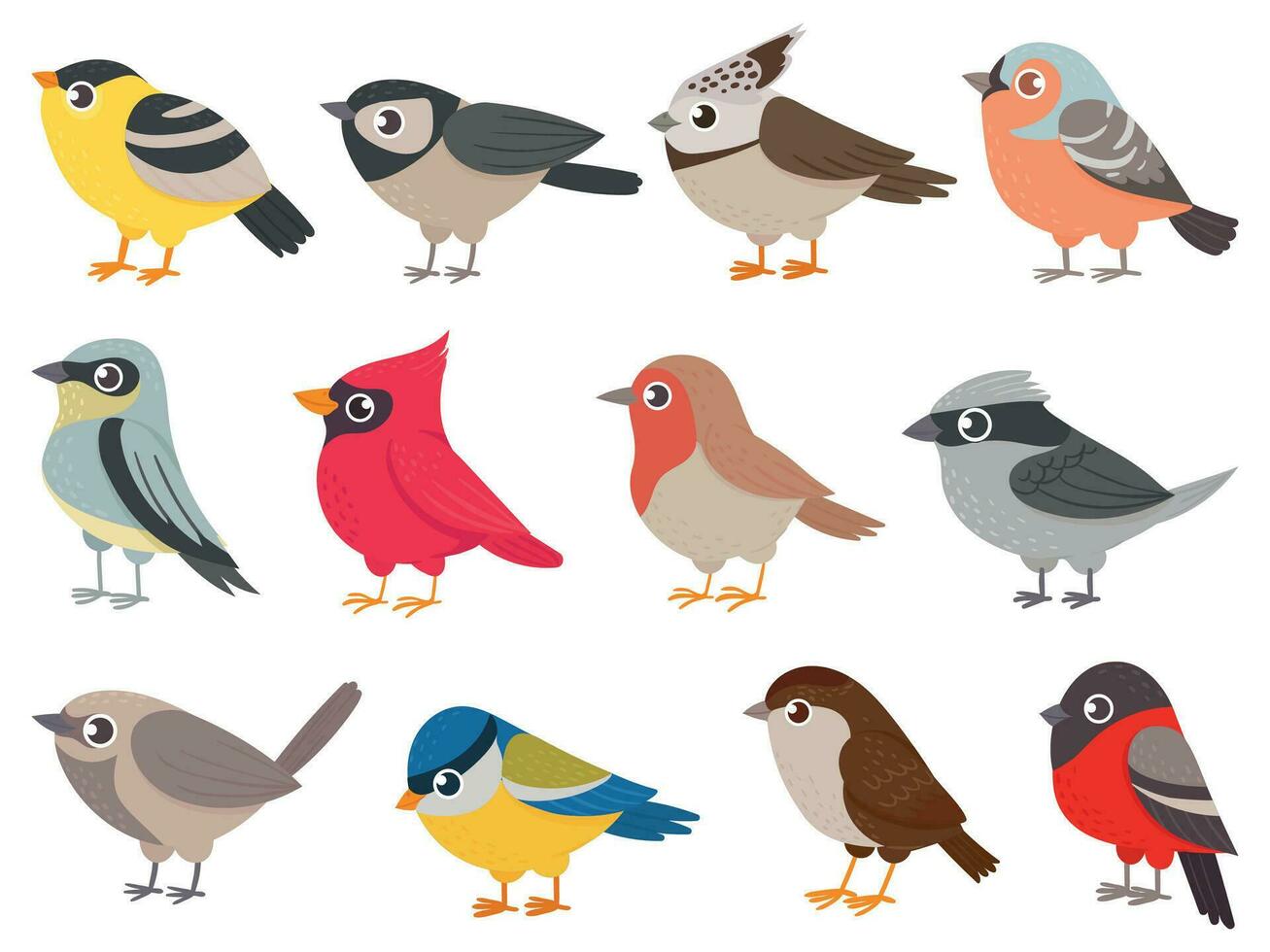 fofa pássaros. mão desenhado pequeno colorida pássaros, animais personagens para impressão cartão, jardim decoração. elementos para infantil poster vetor conjunto