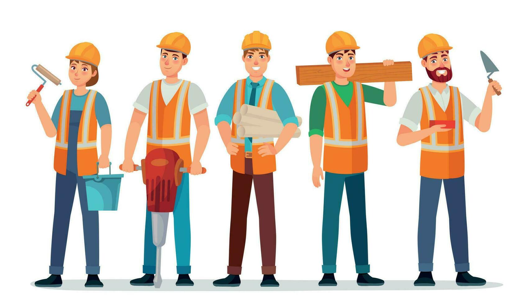 profissional construtores equipe. contratante dentro capacete, construtor engenheiro e trabalhadores pessoas desenho animado vetor ilustração