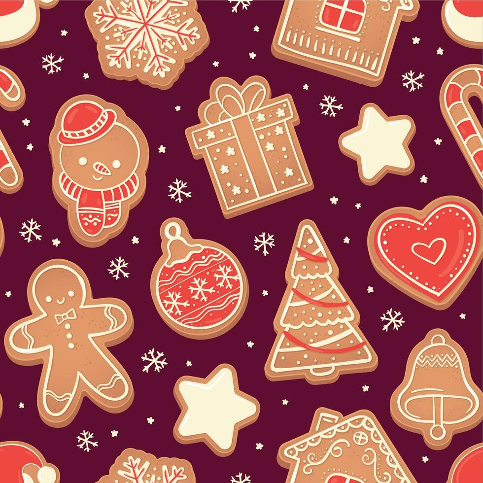 Pão de gengibre desatado padronizar. natal biscoitos vermelho coração, abeto árvore, boneco de neve e Sino, Estrela e floco de neve vetor