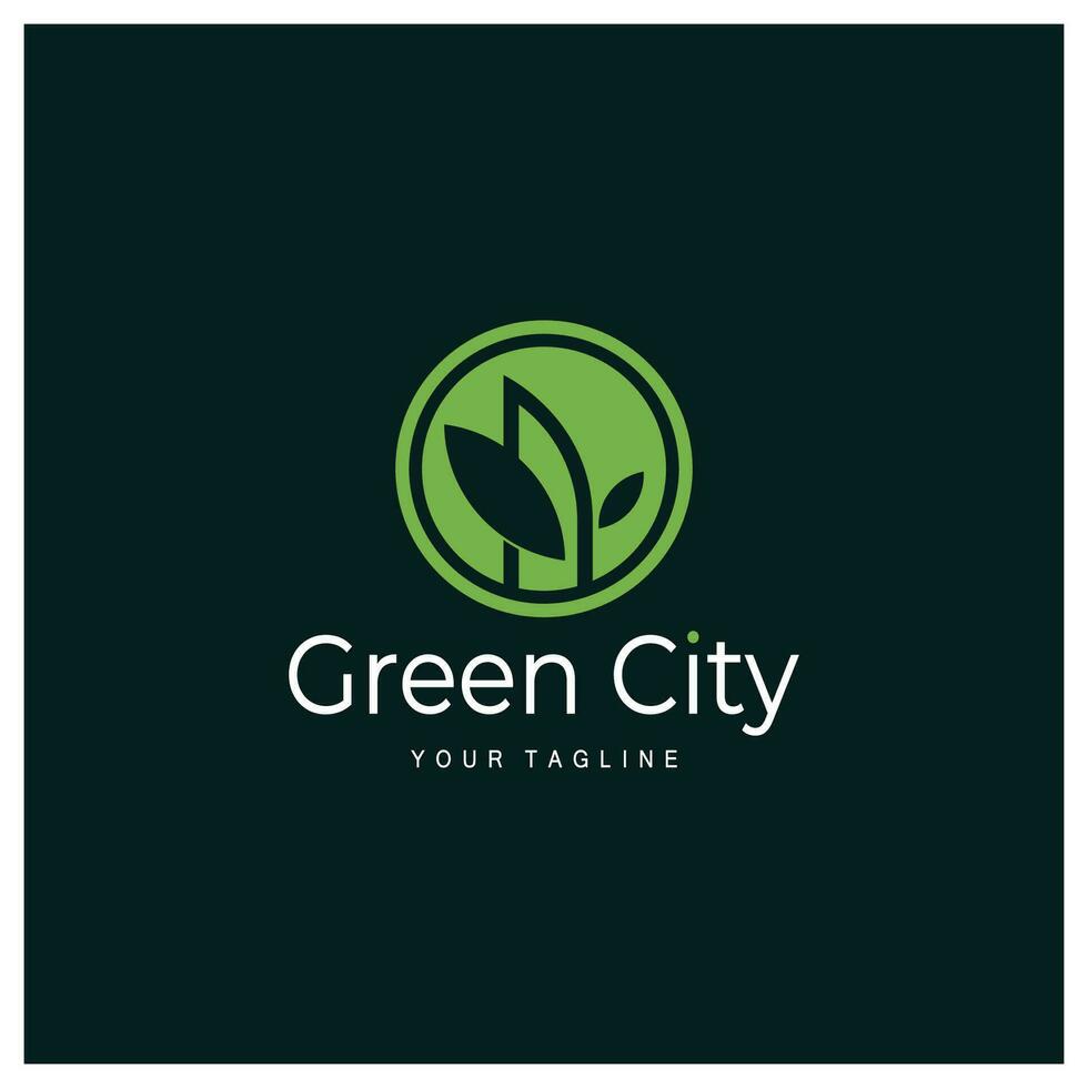 verde e saudável moderno cidade com folha logotipo Projeto para negócios, propriedade, prédio, eco cidade, futuro cidade, arquiteto, ambientalmente amigáveis vetor