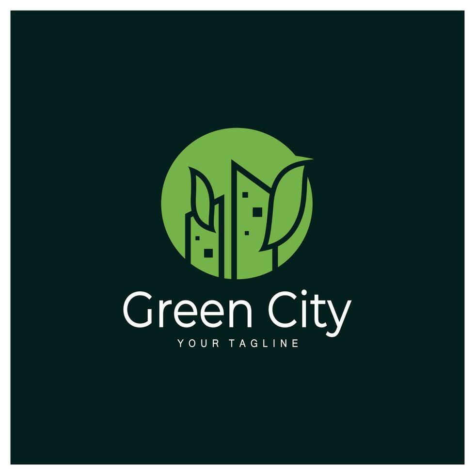 verde e saudável moderno cidade com folha logotipo Projeto para negócios, propriedade, prédio, eco cidade, futuro cidade, arquiteto, ambientalmente amigáveis vetor