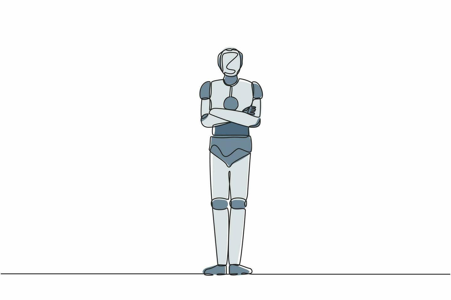 único robô de desenho de linha em pé com pose de braços cruzados. desenvolvimento tecnológico futuro. processos de inteligência artificial e aprendizado de máquina. ilustração em vetor gráfico de design de linha contínua