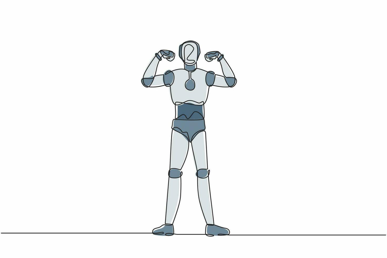 robô de desenho contínuo de uma linha com gestos com punho de duas mãos para cima. organismo cibernético robô humanóide forte. futuro conceito de desenvolvimento robótico. ilustração gráfica de vetor de desenho de linha única