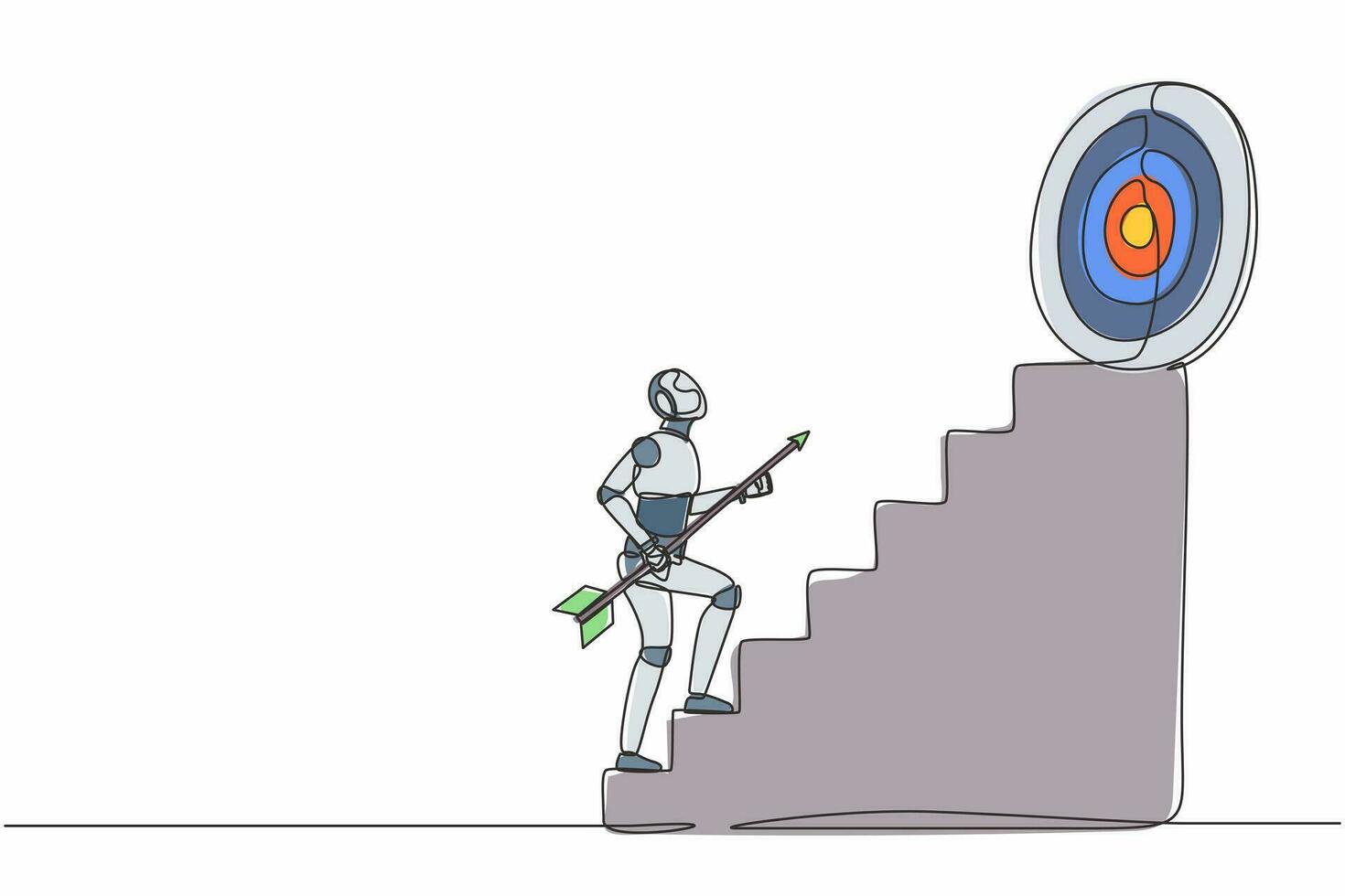 único robô de desenho de linha contínua segurando a seta subindo a escada para o alvo alto. inteligência artificial robótica. indústria de tecnologia eletrônica. uma linha desenhar ilustração vetorial de design gráfico vetor