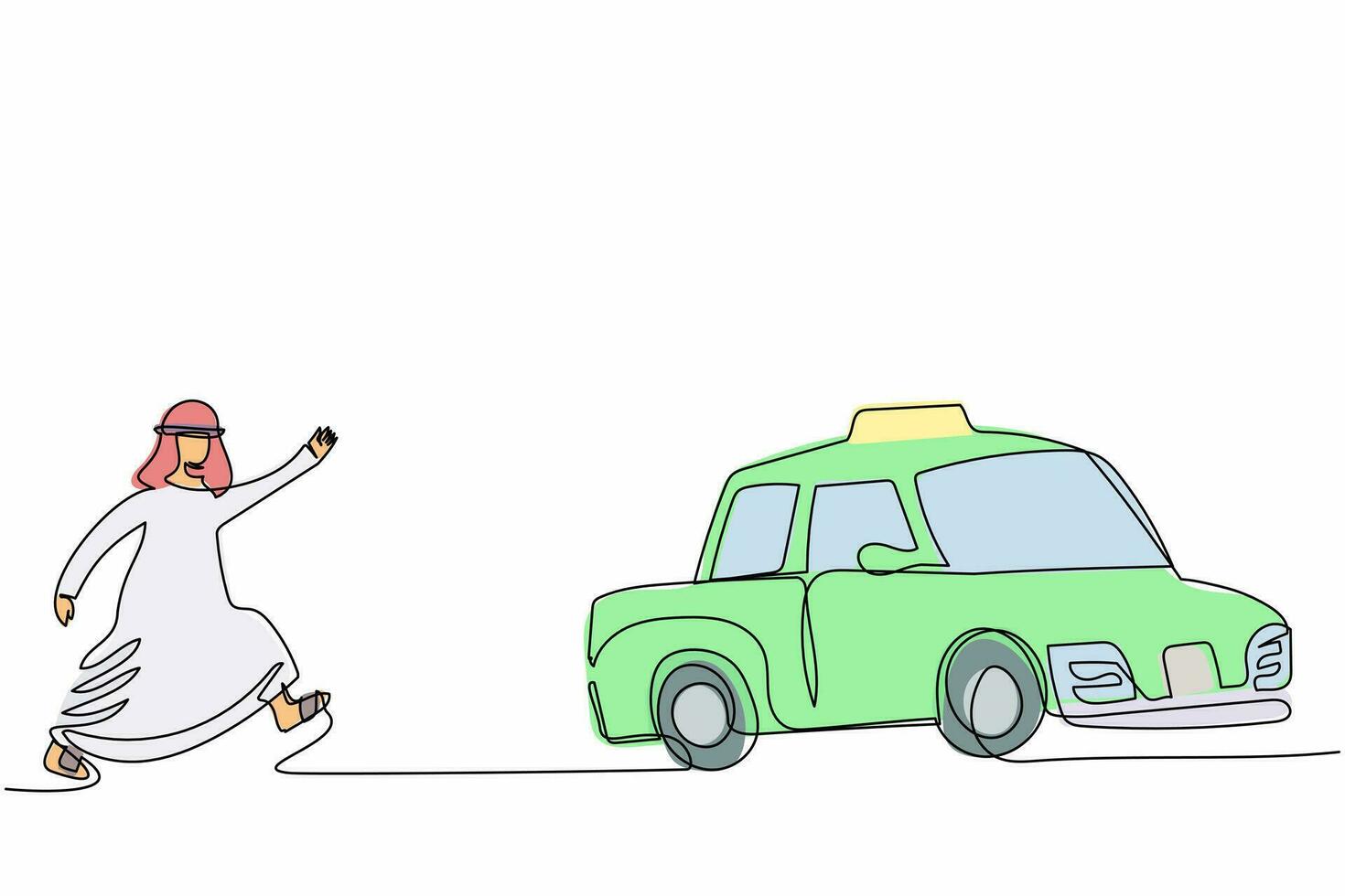 contínuo um desenho de linha empresário árabe correndo perseguindo táxi. gerente árabe com pressa correndo para pegar um carro, mova-se com muita pressa para pegar o transporte público. vetor de design de desenho de linha única