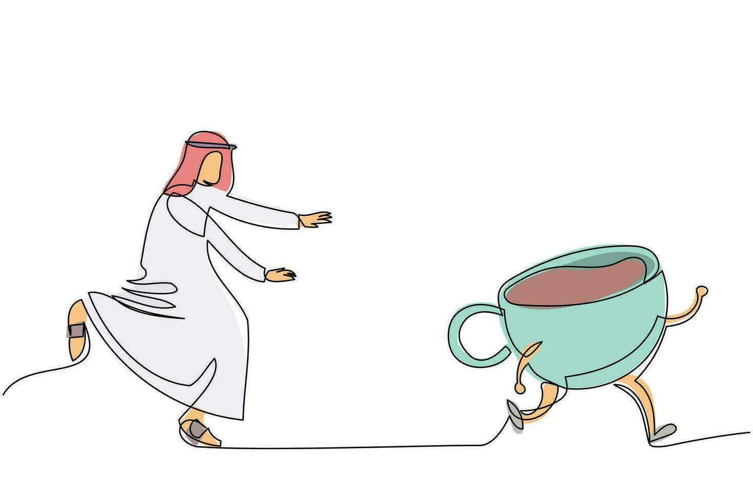 contínuo um desenho de linha empresário árabe correr perseguindo xícara de café. bebendo e tomando café da manhã. cappuccino latte para coffee break no escritório. ilustração em vetor de design gráfico de linha única