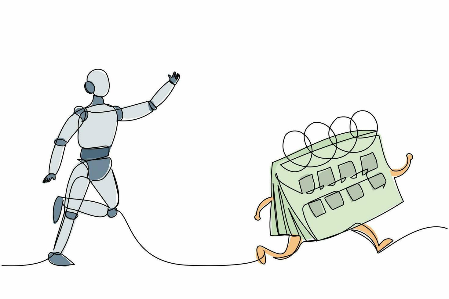 único calendário de perseguição de robô de desenho de uma linha. otimização da gestão do tempo. desenvolvimento tecnológico futuro. aprendizado de máquina de inteligência artificial. ilustração em vetor design de desenho de linha contínua