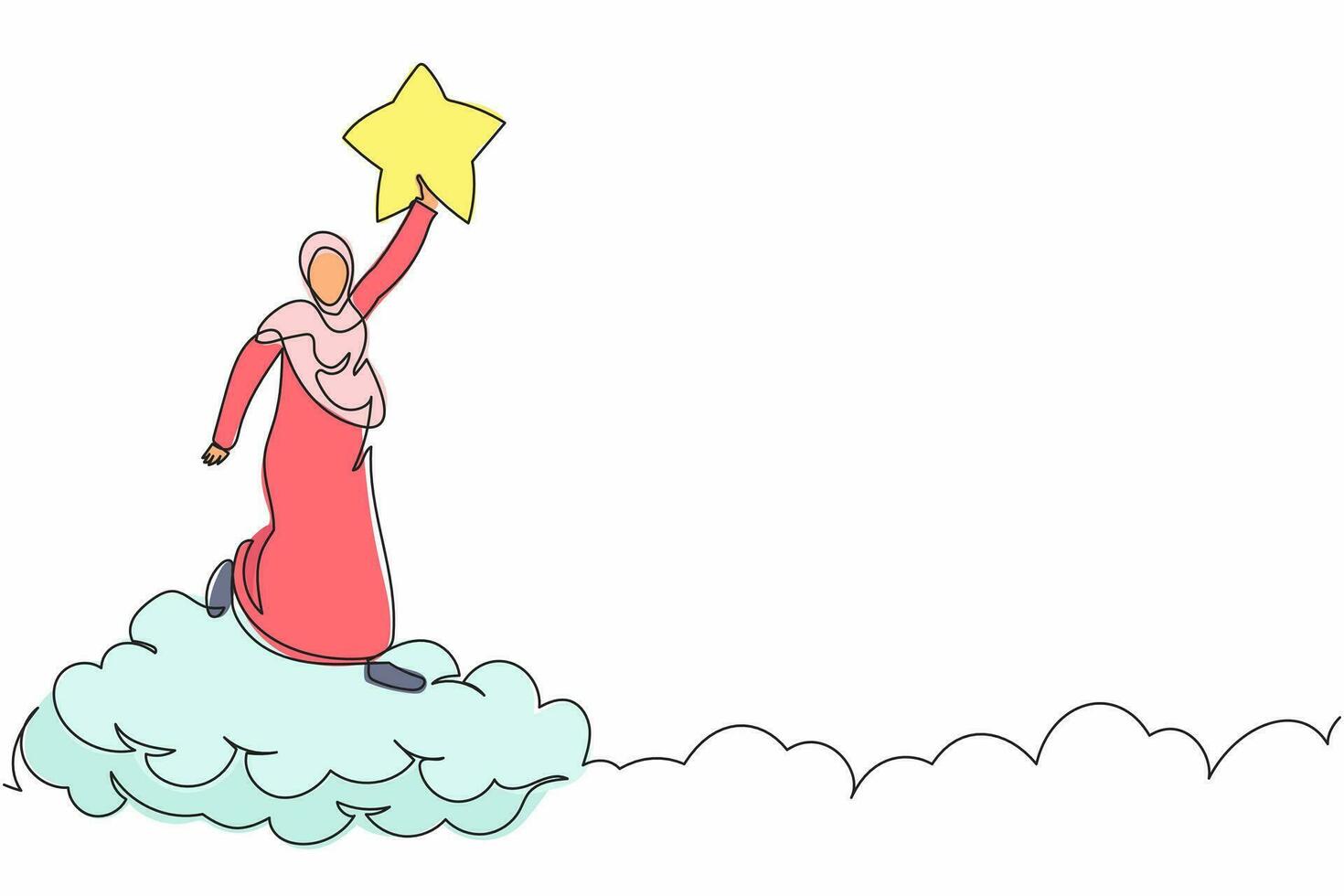 única linha contínua desenho empresária árabe atingindo estrela no céu de nuvens. recompensa de sucesso de negócios, funcionário estrela vencedora, plano de carreira, emprego dos sonhos. uma linha desenhar ilustração em vetor design gráfico