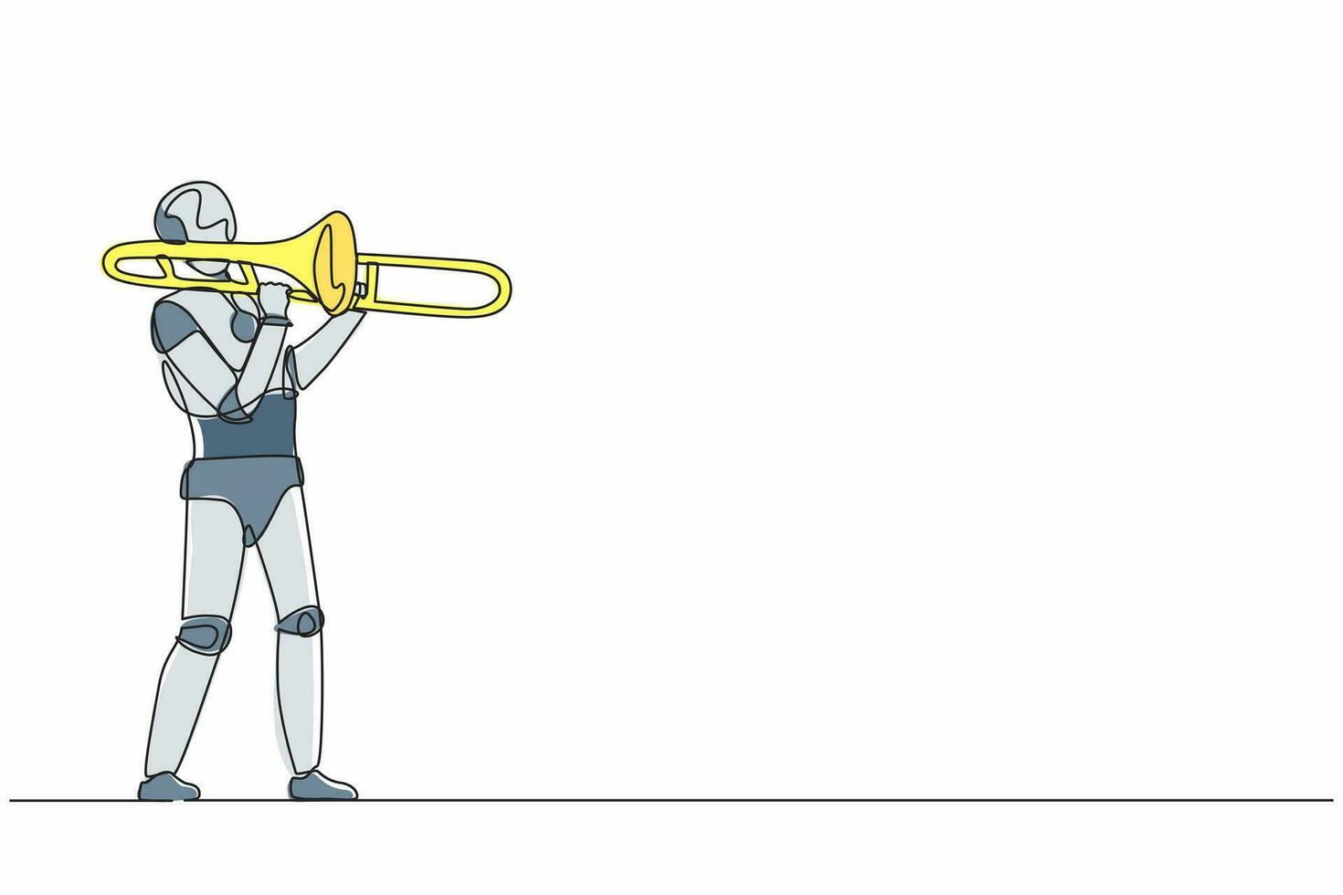 robô de desenho de linha contínuo toca instrumento de sopro trombone no evento de música clássica. organismo cibernético robô humanóide. futuro desenvolvimento robótico. ilustração gráfica de vetor de design de linha única