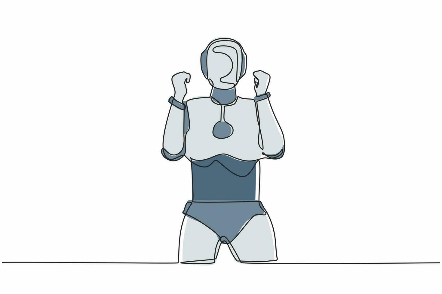 único robô de desenho de linha contínua em pé com as duas mãos gesticula sim, comemore o sucesso do projeto da empresa. inteligência artificial robótica moderna. ilustração em vetor de design gráfico de uma linha