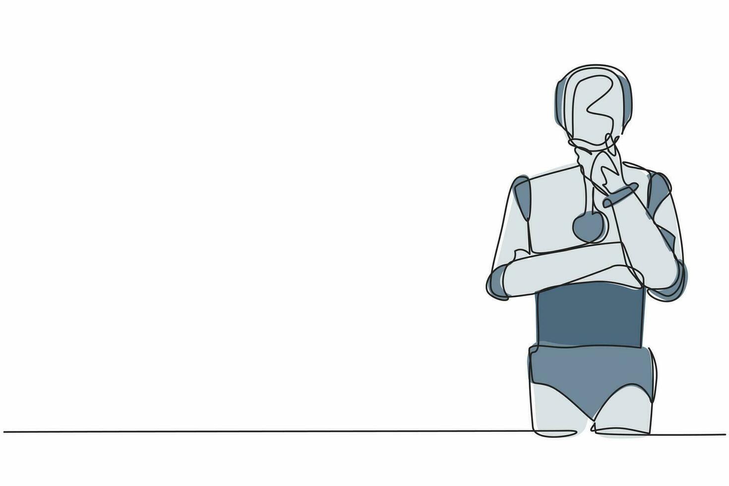 único robô de desenho de linha contínua em pose pensativa, segurando o queixo pensando. inteligência artificial robótica moderna. indústria de tecnologia eletrônica. ilustração vetorial de design de desenho de uma linha vetor