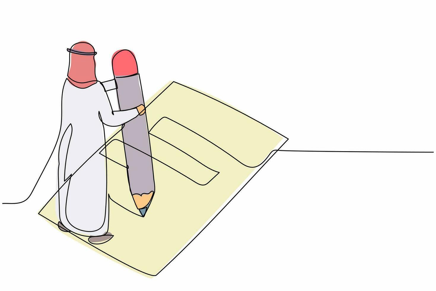 único desenho de uma linha empresário árabe escrevendo formulário de pesquisa no chão. trabalhador de escritório preencheu a lista de verificação na área de transferência com lápis gigante. ilustração em vetor gráfico de desenho de linha contínua