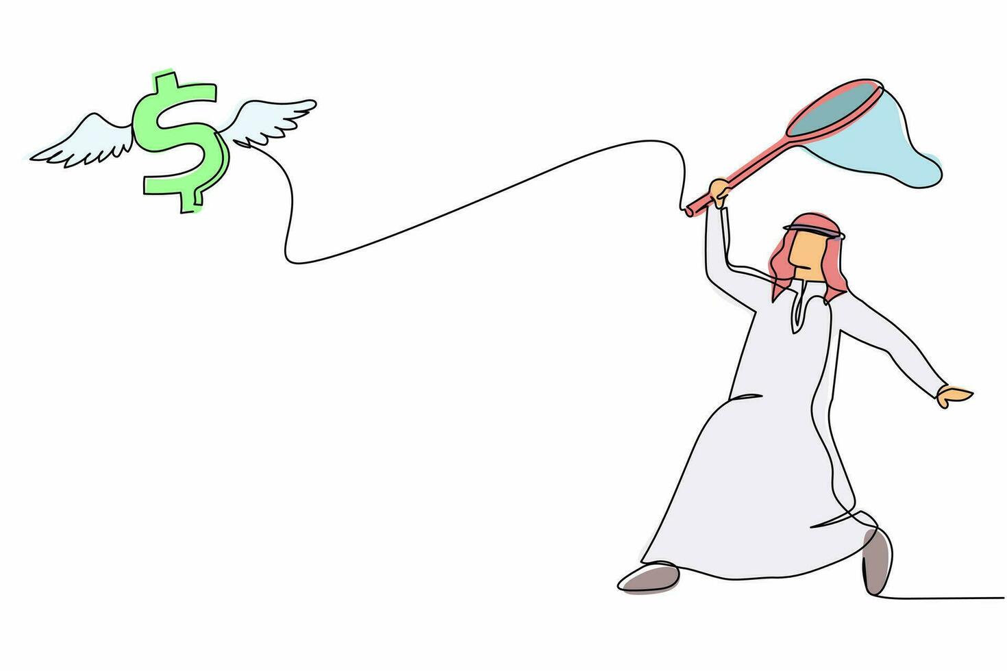 um empresário árabe de desenho de linha contínuo tenta pegar o símbolo de cifrão voador com rede de borboletas. taxa de inflação sobe acentuadamente. metáfora de negócios. ilustração vetorial de desenho de linha única vetor
