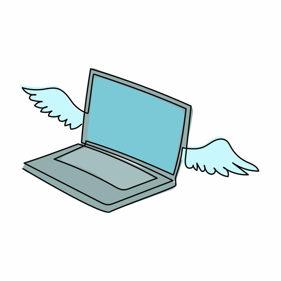 laptop voador de desenho contínuo de uma linha com asas. computador portátil alado voando no céu. computação em nuvem ou conceito de informações do sistema de armazenamento. ilustração gráfica de vetor de desenho de linha única