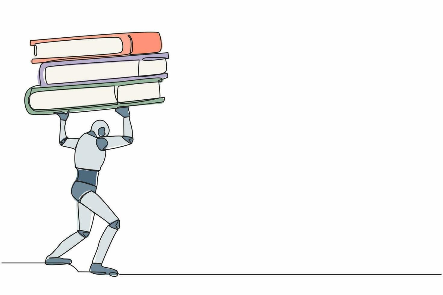 contínuo 1 linha desenhando cansado robô carregando pesado pilha papel pasta em dele voltar. cyborg não podes lidar com montante do trabalhar. robô artificial inteligência. solteiro linha desenhar Projeto vetor ilustração