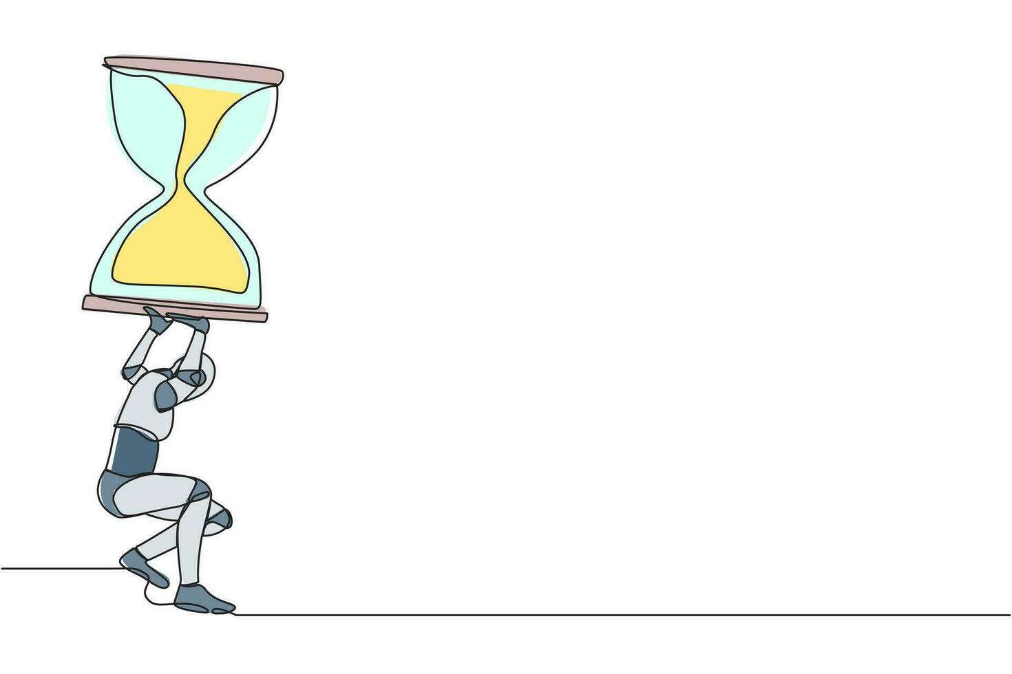 solteiro contínuo linha desenhando do cansado robô carregando pesado ampulheta em dele voltar. robô com data limite problema Operação. robótico artificial inteligência. 1 linha gráfico Projeto vetor ilustração