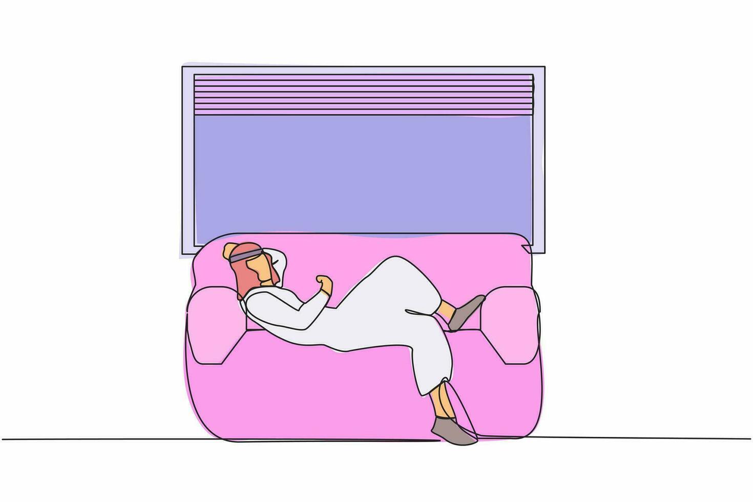 solteiro 1 linha desenhando jovem árabe homem deitado em sofá perto peitoril da janela às lar. masculino em repouso dentro sofá perto janela. gastos tempo, relaxante depois de trabalhar. contínuo linha gráfico Projeto vetor ilustração