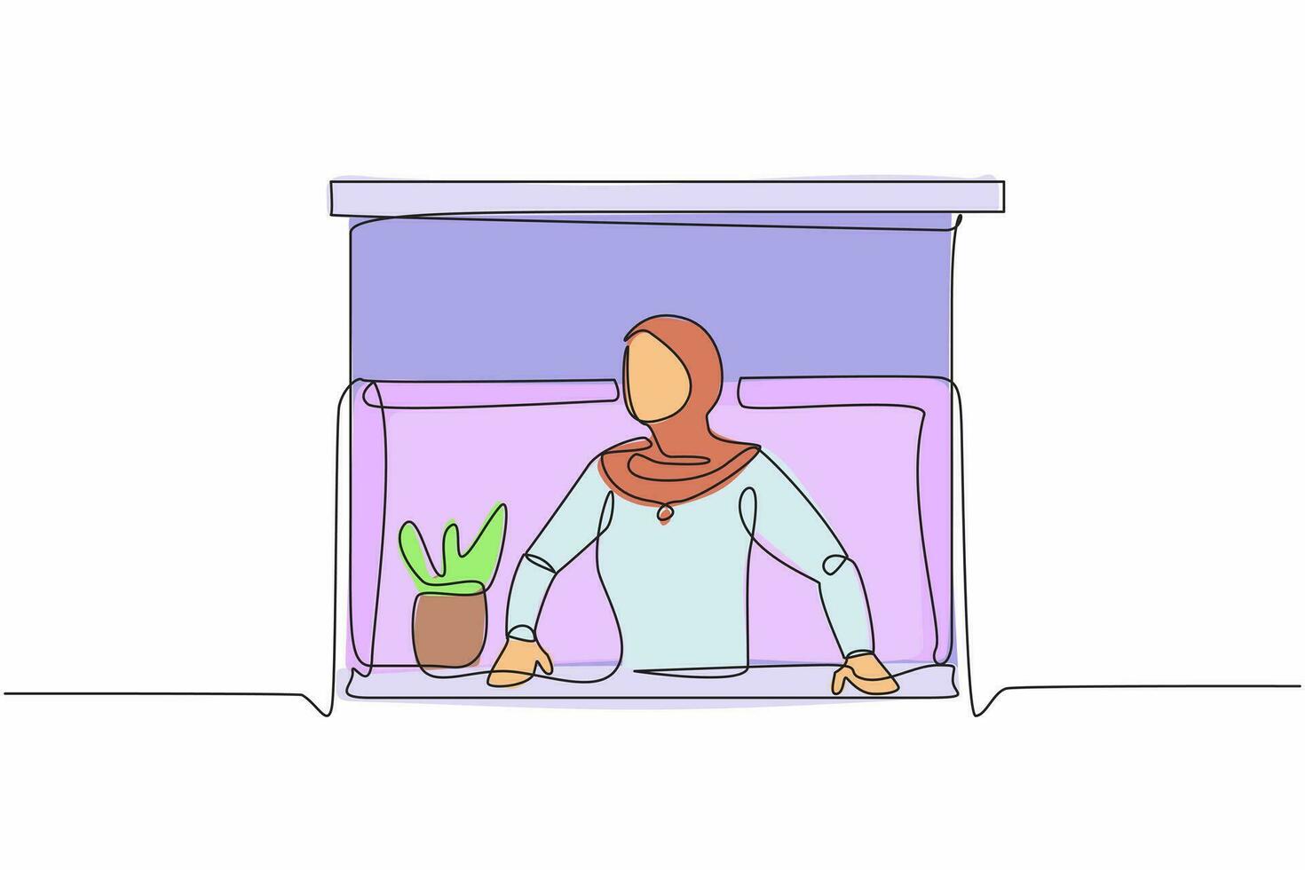solteiro 1 linha desenhando surpreso árabe empresária olhando lado de fora janela. fique às casa durante COVID-19. mulher com plantar assistindo Fora a janela. contínuo linha gráfico Projeto vetor ilustração