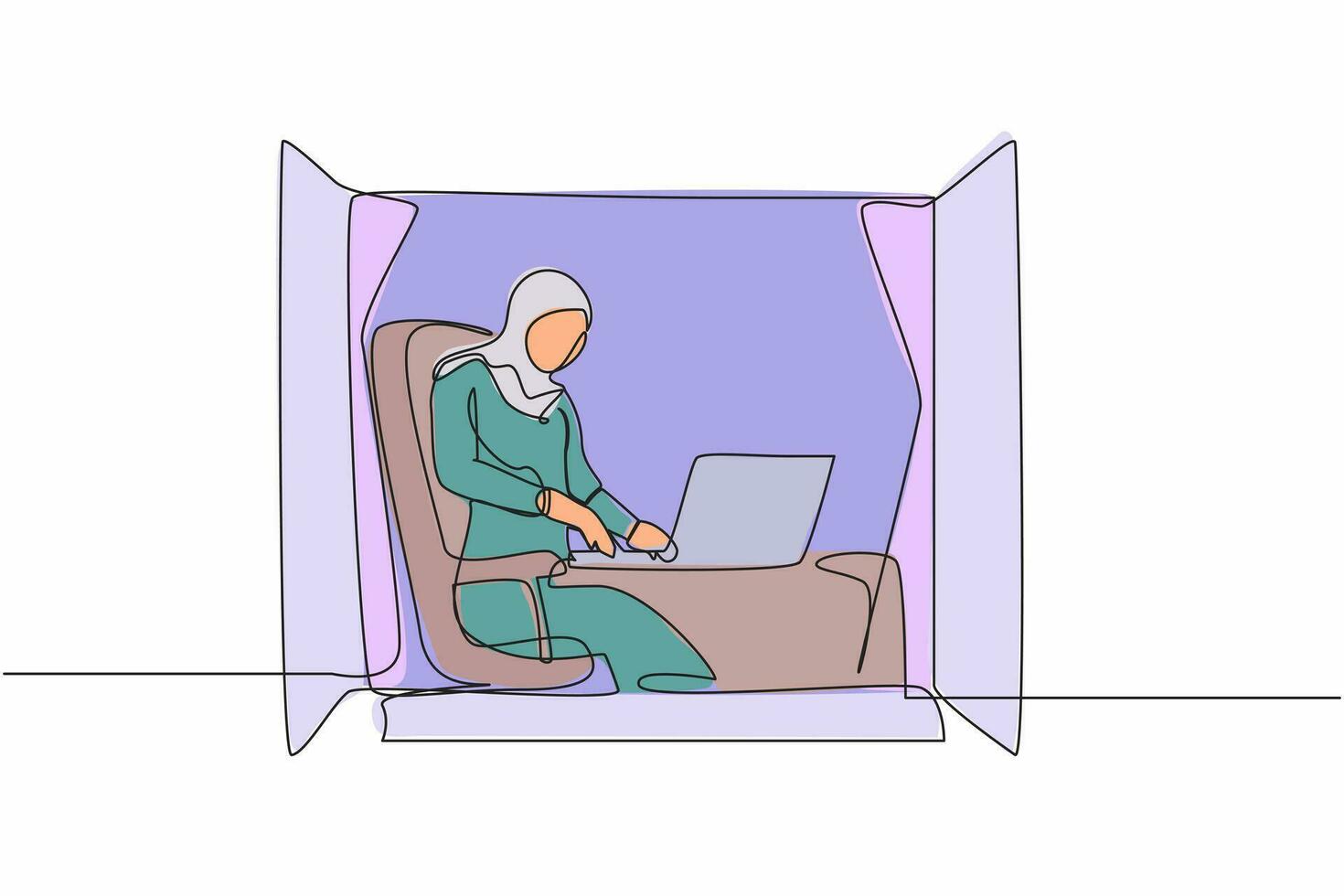 contínuo 1 linha desenhando árabe mulher trabalhando a partir de casa perto janela com computador portátil. ativo empresária sentado às escrivaninha. controlo remoto trabalhos ou casa escritório. solteiro linha desenhar Projeto vetor gráfico ilustração