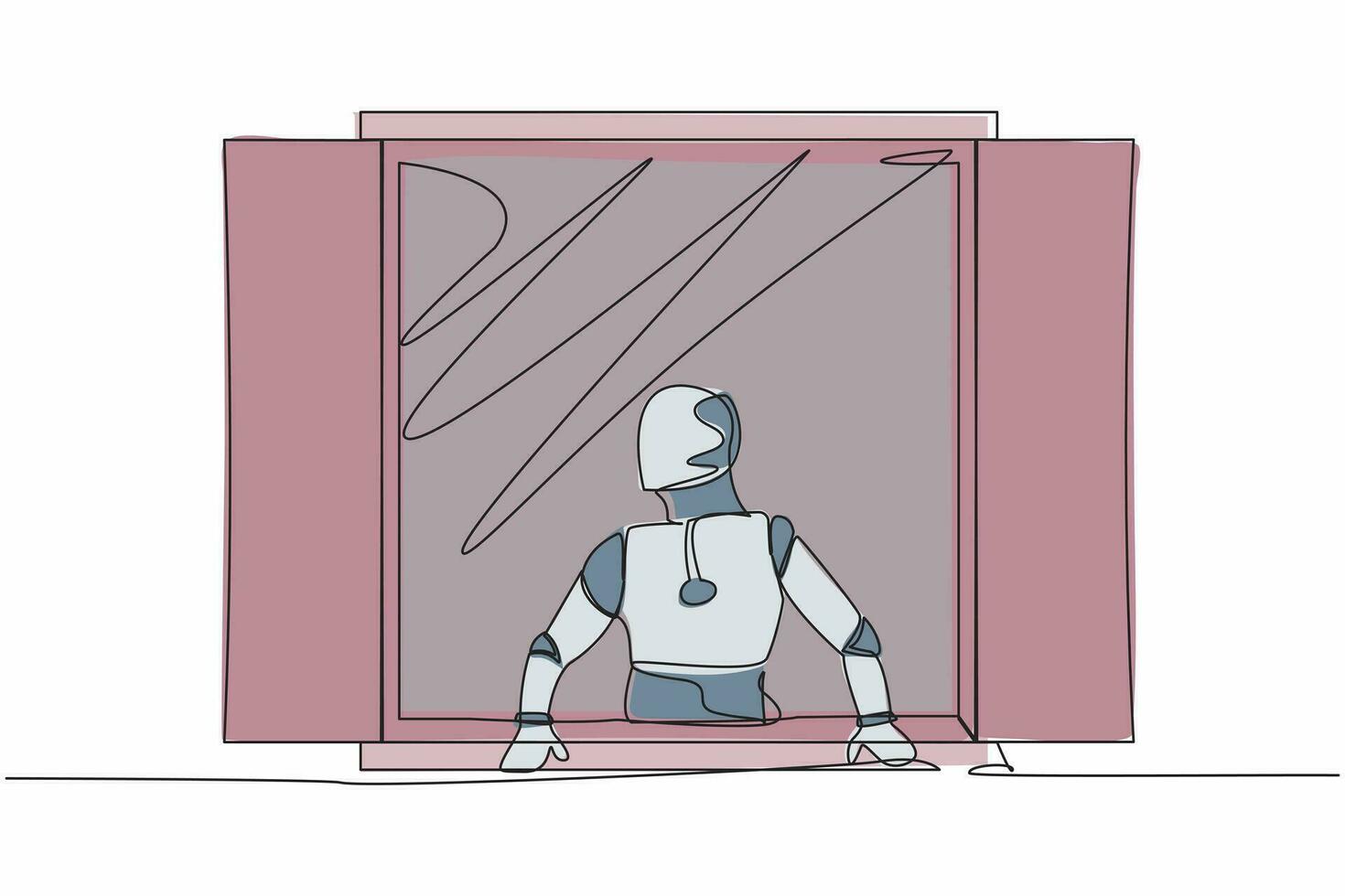 solteiro 1 linha desenhando curioso robô olhando lado de fora janela. robô com uma plantar assistindo Fora a janela. artificial inteligência. tecnologia indústria. contínuo linha desenhar Projeto vetor ilustração