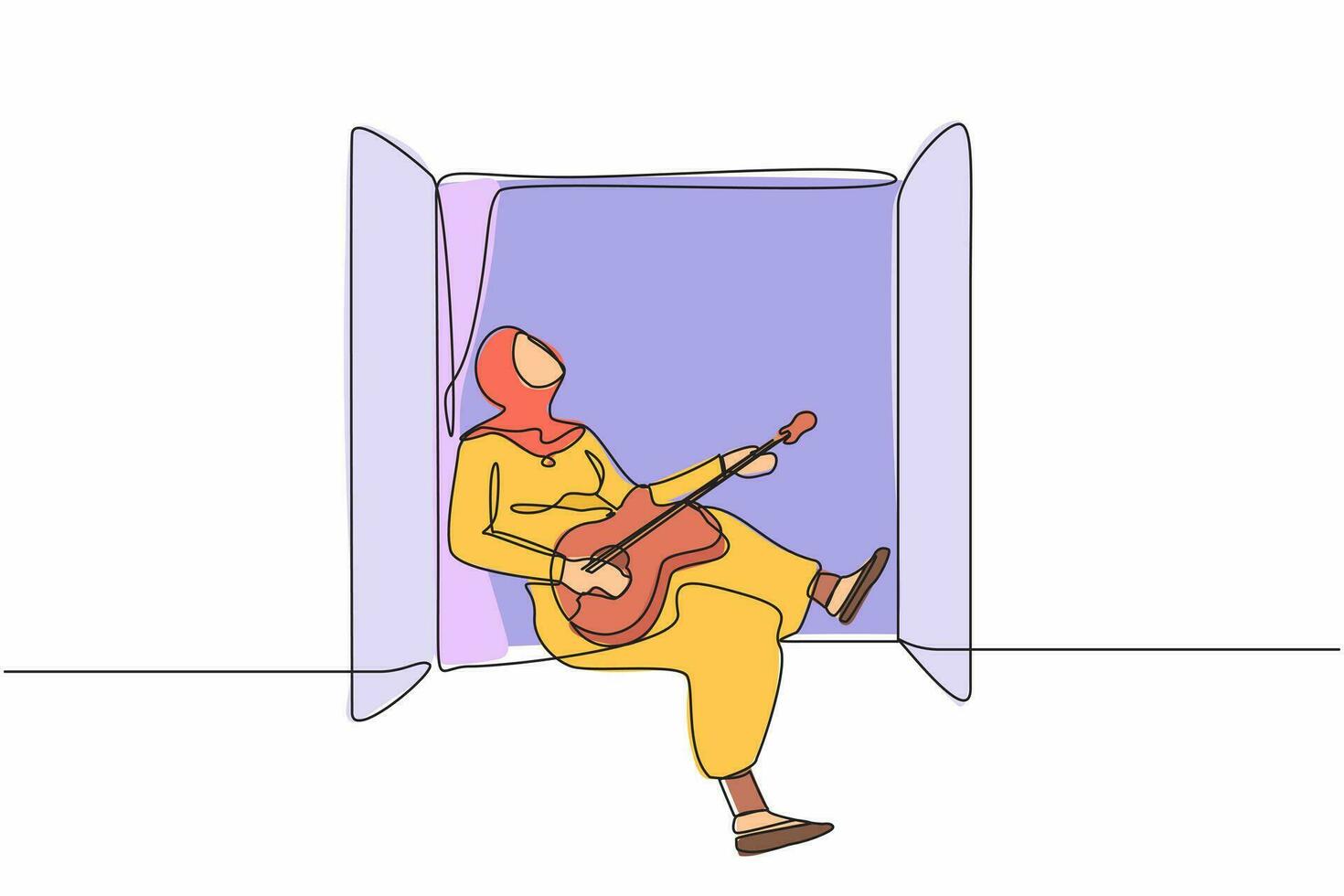 contínuo 1 linha desenhando árabe mulher sentado em peitoril da janela e jogando acústico guitarra. descansar, fique às lar, melancólico, relaxamento, conforto, romântico. solteiro linha desenhar Projeto vetor ilustração
