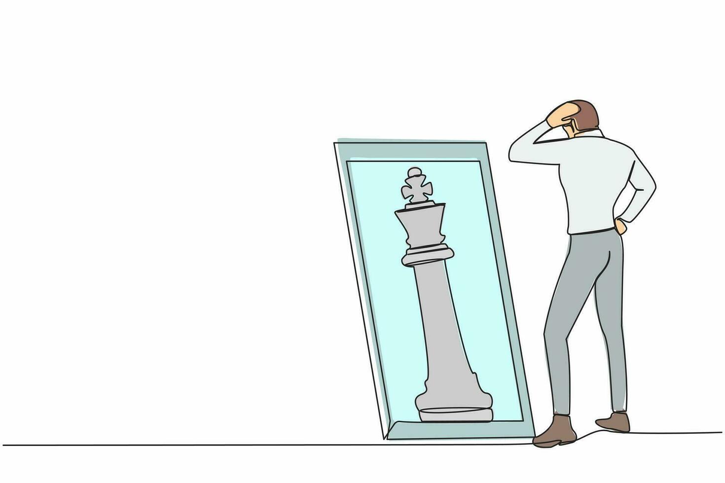 solteiro 1 linha desenhando homem de negocios em pé dentro frente do espelho, refletindo xadrez rei. metáfora do confiança. sucesso negócios, oportunidades. contínuo linha desenhar Projeto gráfico vetor ilustração