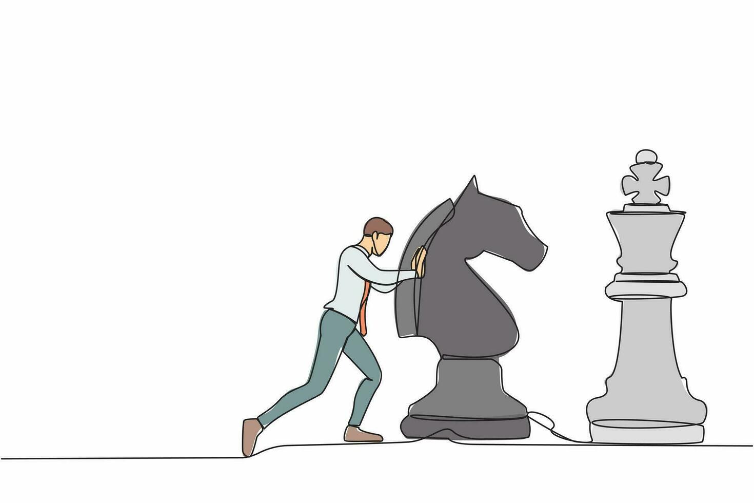 contínuo 1 linha do desenhando ativo homem de negocios empurrar enorme cavalo xadrez peça para batida rei. estratégico pensando e inteligente mover dentro o negócio jogar jogo. solteiro linha desenhar Projeto vetor gráfico ilustração