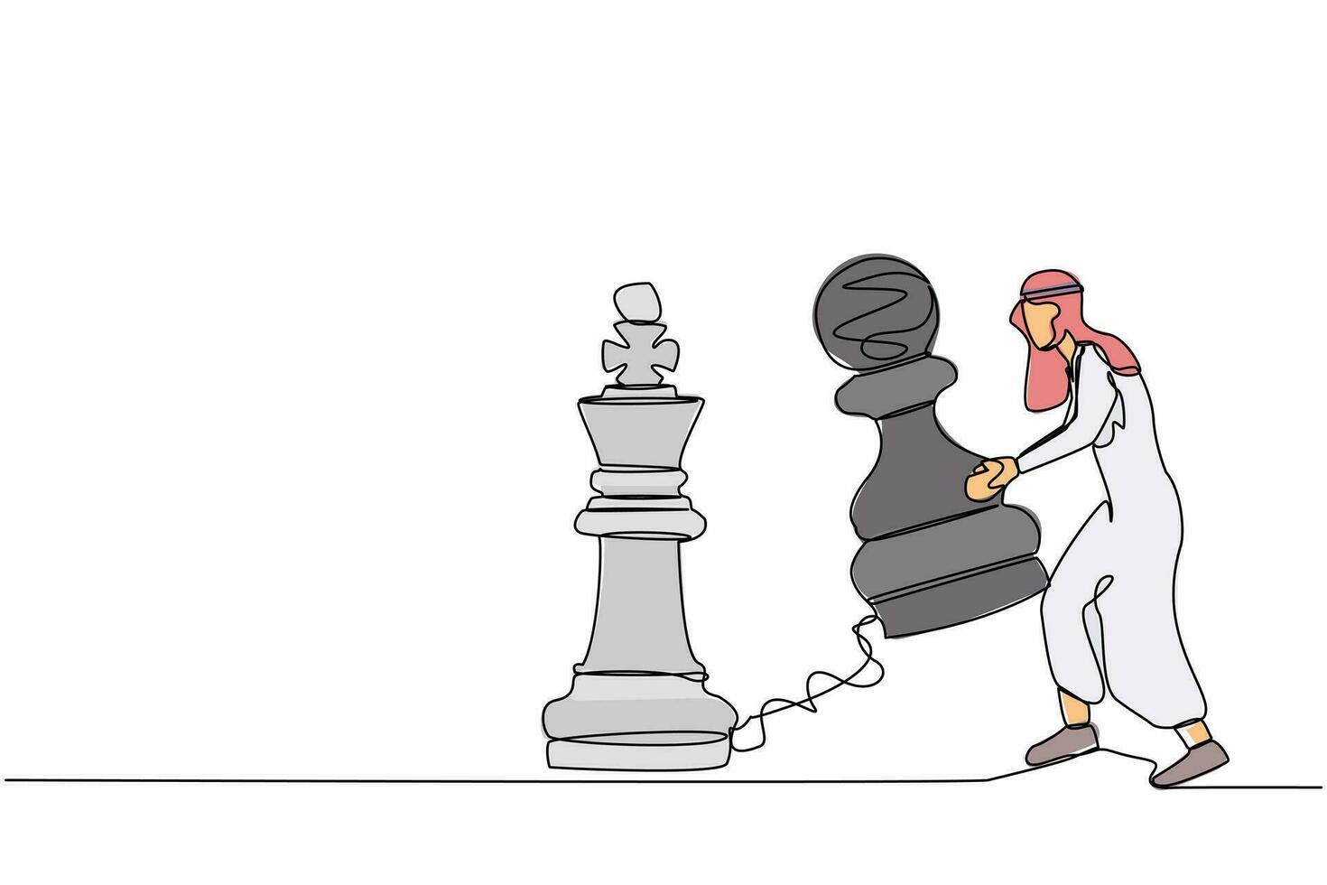 contínuo 1 linha desenhando árabe homem de negocios elevação penhor xadrez peça para batida rei xadrez. estratégico planejamento, o negócio desenvolvimento estratégia, tática dentro jogo. solteiro linha desenhar Projeto vetor ilustração