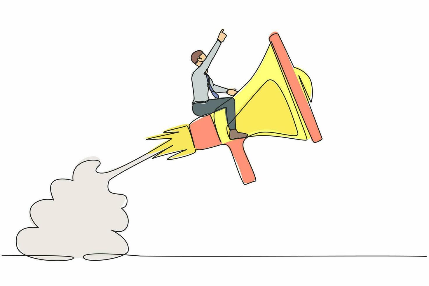 solteiro contínuo linha desenhando homem de negocios equitação megafone foguete vôo dentro a céu. velozes comunicação, o negócio suave habilidade para comunicar com equipe ou cliente. 1 linha Projeto vetor ilustração