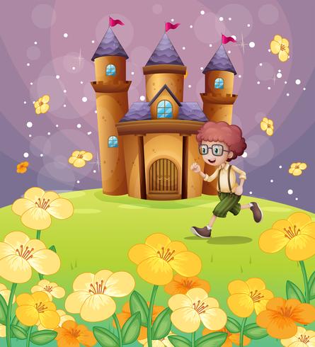 Um menino correndo na frente do castelo com flores vetor