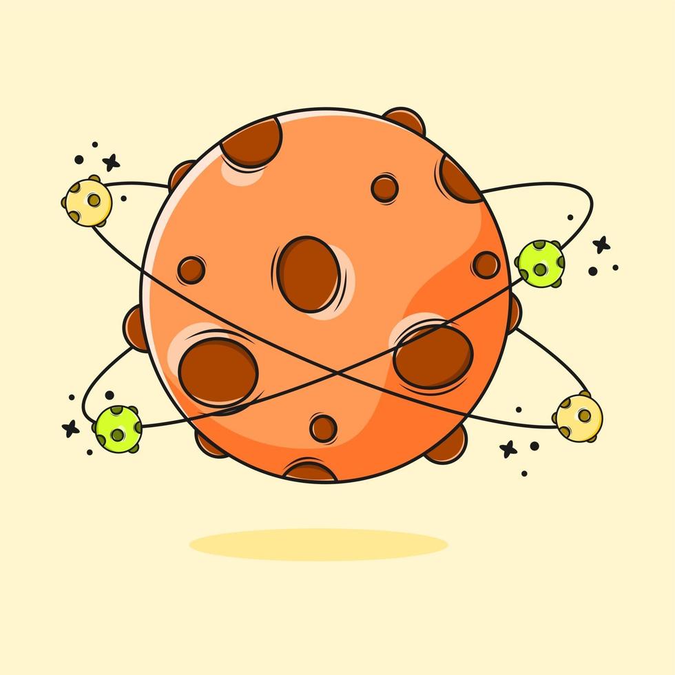 ilustração planeta laranja com design de quatro mini planetas vetor