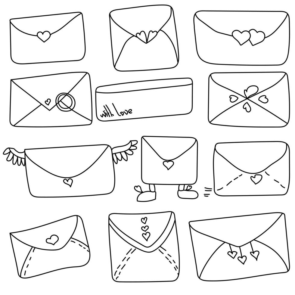 conjunto de envelopes de doodle com corações, carta de amor para o dia dos namorados, entrega de emoções em desenhos de contorno vetor