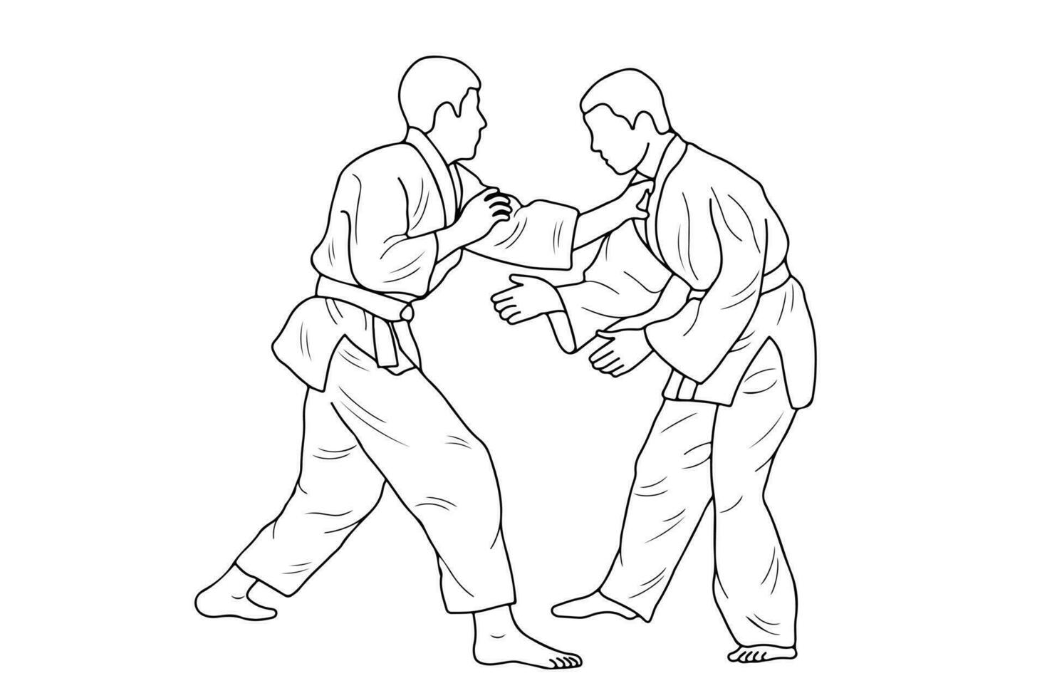 linha desenhando do dois jovem esportivo judoca lutador. judoca, judoca, atleta, duelo, lutar, judo vetor