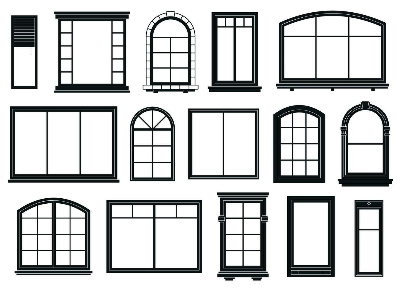 janela silhuetas. exterior enquadramento janelas, Preto esboço ornamentado arcos e portas arquitetônico construção elementos, isolado vetor conjunto