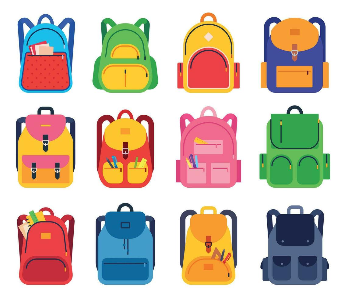 escola mochila. cor mochilas zíper e bolsos com papelaria suprimentos para alunos, mochilas para viajando, estude plano vetor conjunto