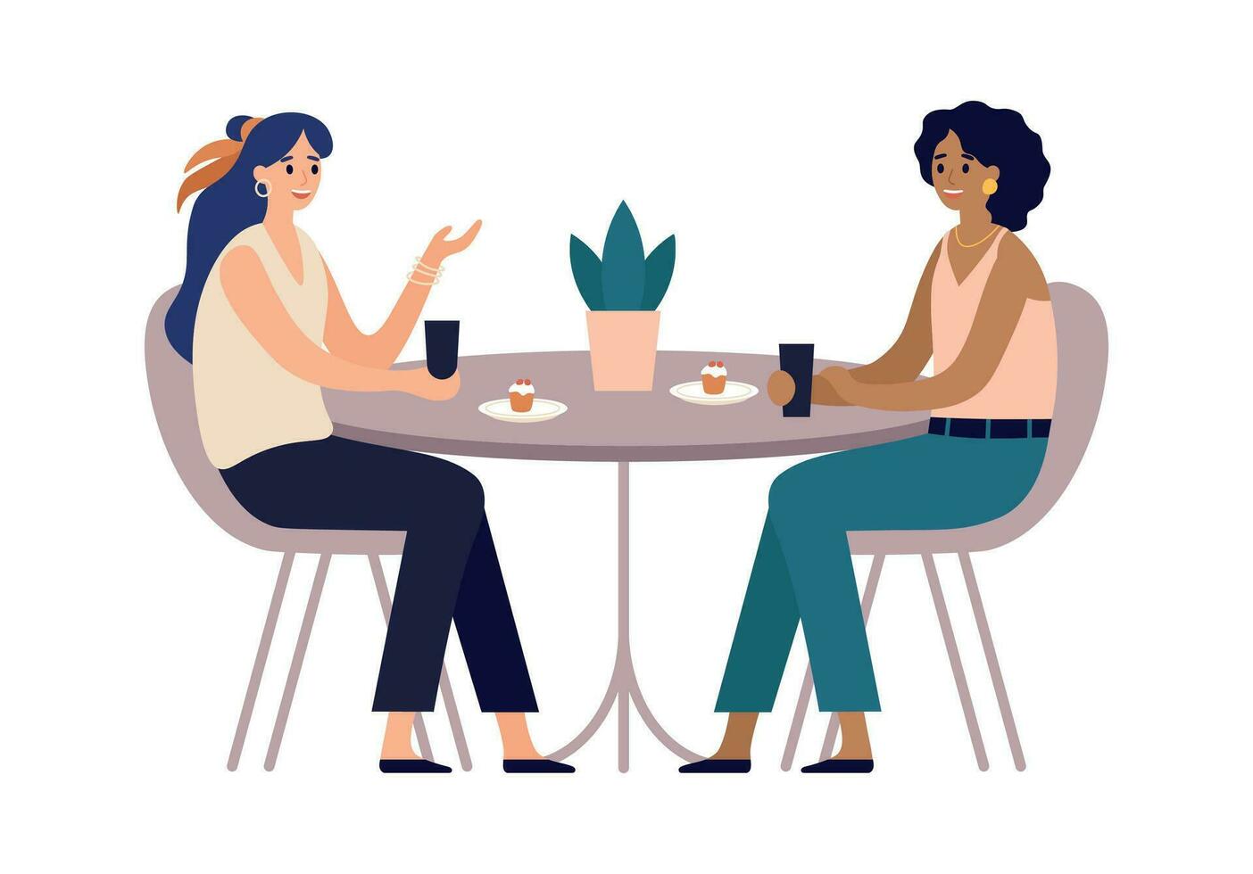 mulheres amigos. cafeteria encontro com amigos. meninas sentado dentro restaurante às mesa comunicar, comendo vetor