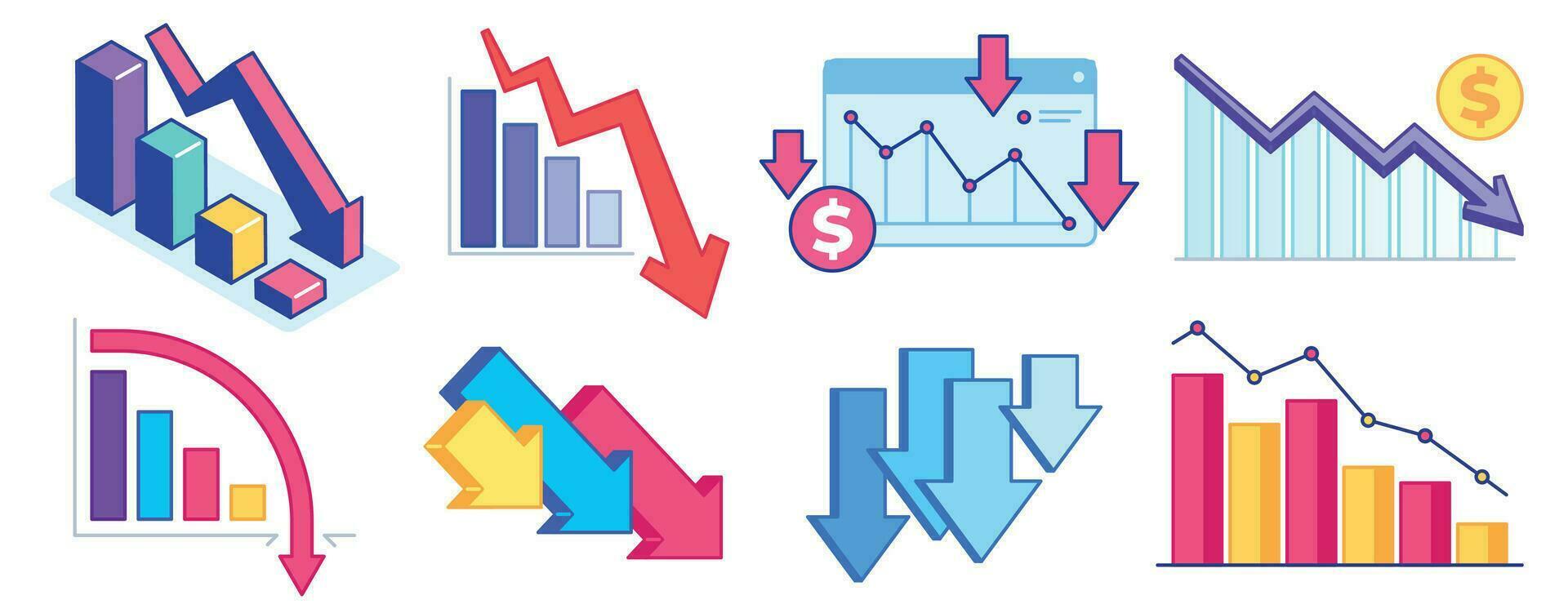 outono baixa gráfico. finança crise, o negócio problema e economia derrubar. baixa seta gráfico, perda e diminuir renda. lucro declinante vetor conjunto